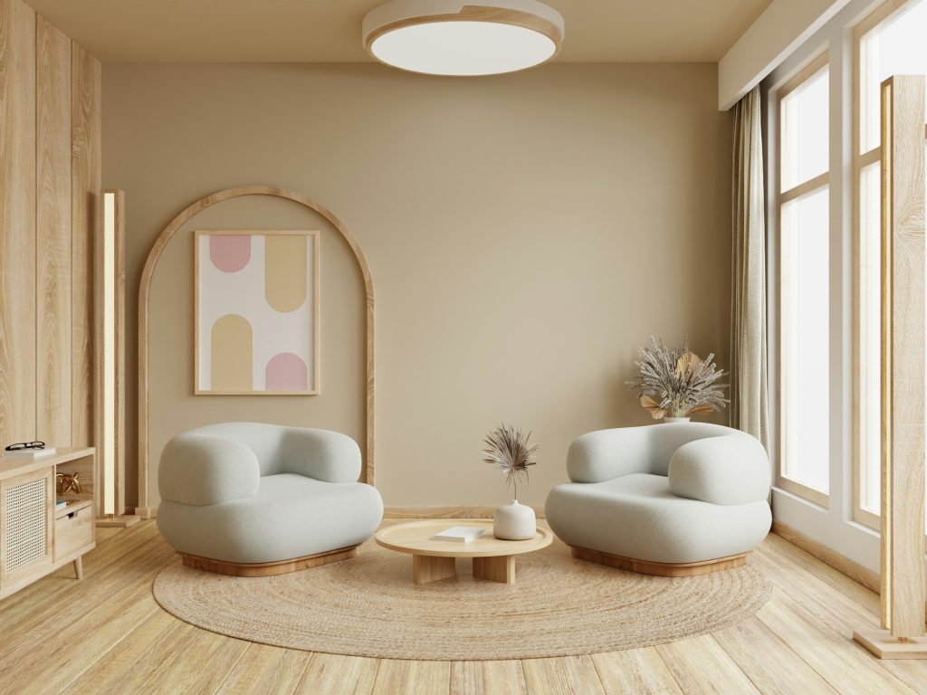 Empty living room in japanese style on empty cream color wall