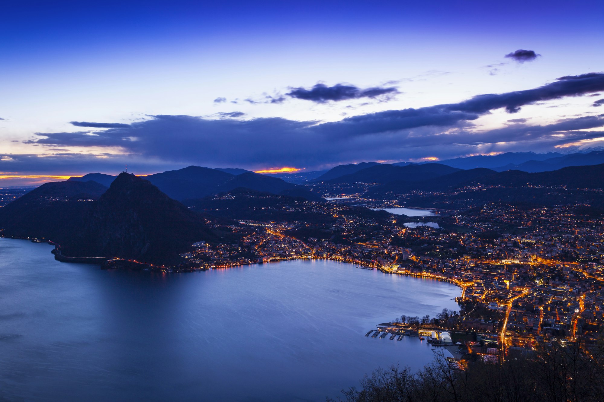 High angle view of Lake Lugano at dusk, Switzerland